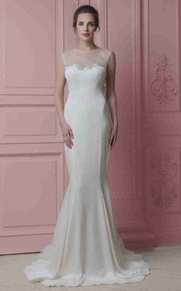 Sheath Floor-Length Beaded Sleeveless Jewel-Neck Stretched Satin&Tulle Wedding Dress