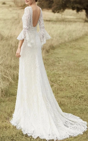 Boho Lace Vintage Sheath Puff Long Sleeve Flare White Women Wedding Dress