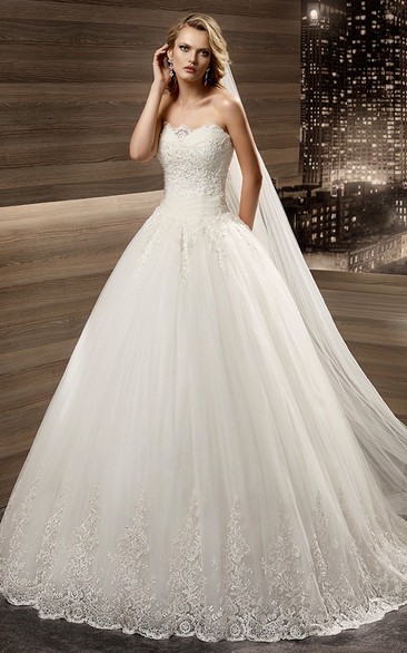 Strapless Appliques A-Line Bridal Gown With Pleated Waist And Lace-Up Back