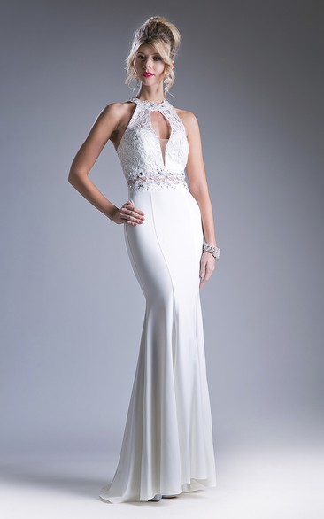 Sheath Maxi High Neck Sleeveless Jersey Dress With Lace And Appliques