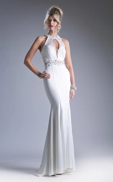 Sheath Maxi High Neck Sleeveless Jersey Dress With Lace And Appliques