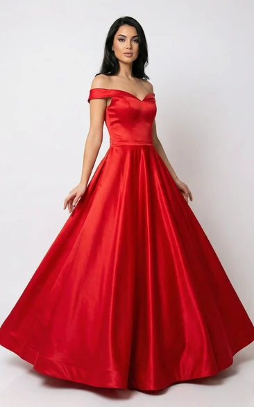 Red Satin Ball Gown Off Shoulder A-Line Prom Dress with Sweetheart Neckline