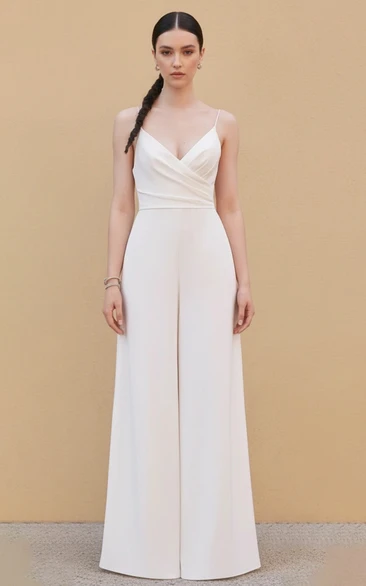 V Neck Ruffle Waist Wide Leg Wedding Jumpsuit