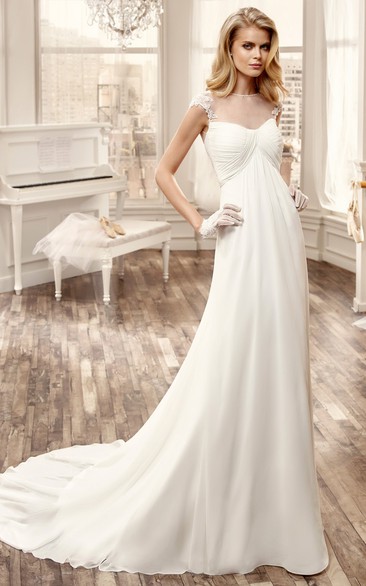 Cap-Sleeve Chiffon Long Wedding Dress With Pleated Bust And Brush Train