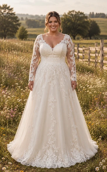 Country Plus Size V-neck Tulle A-line Wedding Dress with Lace