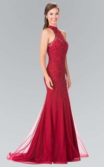 Sheath Floor-Length High Neck Sleeveless Tulle Keyhole Dress With Beading