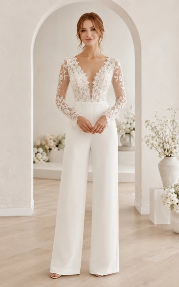 Ivory V Neck Lace Long Sleeve Wedding Jumpsuit