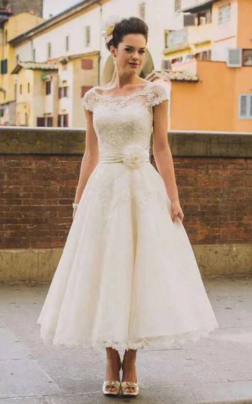 Cap Lace Tea-length A-line Vintage Wedding Dress