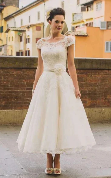Cap Lace Tea-length A-line Vintage Wedding Dress