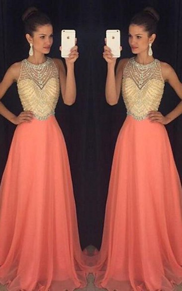Classic Sleeveless Beadings Crystal Prom Dresses Long Chiffon