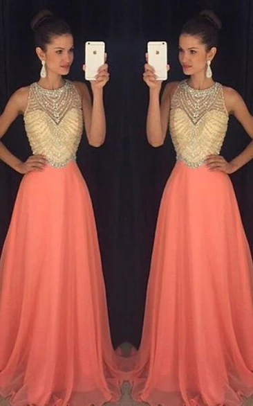 Classic Sleeveless Beadings Crystal Prom Dresses Long Chiffon