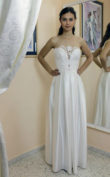 Strapless A-Line Satin Dress With Lace Bodice and Lace-Up Back