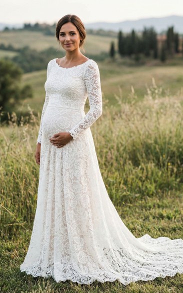 Long Sleeve Full Lace Maternity Wedding Dress with Scoop Neck and Sweep Train