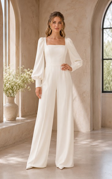 White Square Neck Long Puff Sleeve Wedding Jumpsuit