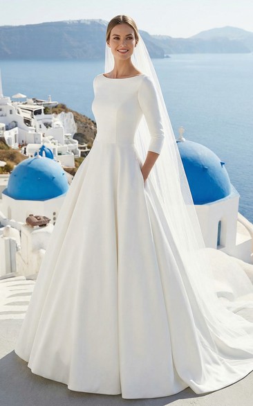 Boat Neck Plus Size Satin Wedding Gown with Pockets