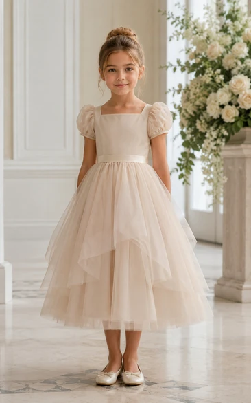 A-line Tea-length Puff Sleeve Tulle Flower Girl Dress with Soft champagne puff sleeves and layered tulle