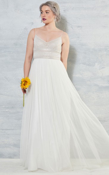 Spaghetti Pleated Tulle Wedding Dress With Sequins