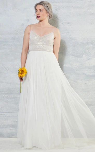 Spaghetti Pleated Tulle Wedding Dress With Sequins