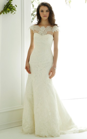 Cap Sleeve Bateau Neck Appliqued Lace Wedding Dress With Court Train