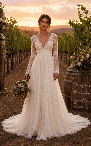 Boho A-Line Wedding Dress Long Sleeve V-Neck Tulle Lace Applique Floor Length Chapel Train Ivory