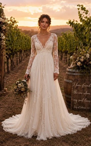 Boho A-Line Wedding Dress Long Sleeve V-Neck Tulle Lace Applique Floor Length Chapel Train Ivory