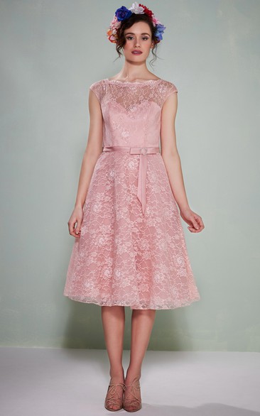 Tea-Length Sleeveless Bowed Bateau Neck Lace Bridesmaid Dress With Low-V Back