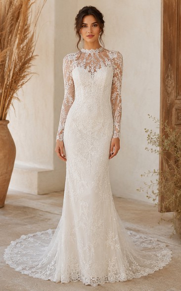 Boho High Neck Lace Mermaid Wedding Dress with Long Sleeves, Illusion Bodice & Elegant Fitted Train