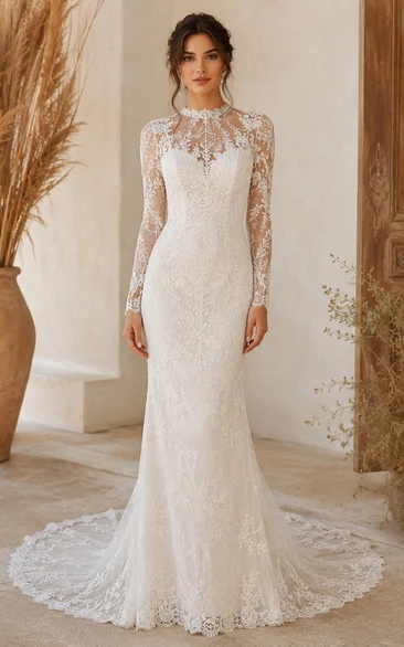 Boho High Neck Lace Mermaid Wedding Dress with Long Sleeves, Illusion Bodice & Elegant Fitted Train