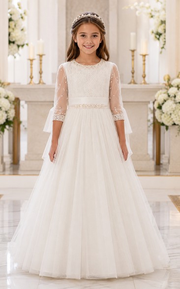 Long Sleeve White Tulle First Communion Dress with Bell Cuffs