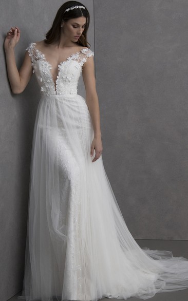 Simple Cap Plunging Neckline A Line Tulle Floor-length Short Sleeve Wedding Dress with Appliques