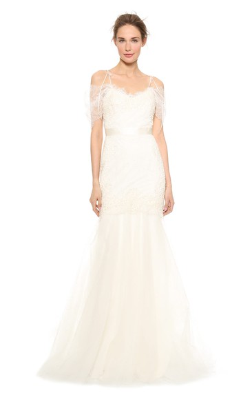 Long A-line Organza Bridesmaid Dress With Satin Sash and Spaghette Straps