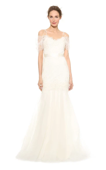 Long A-line Organza Bridesmaid Dress With Satin Sash and Spaghette Straps