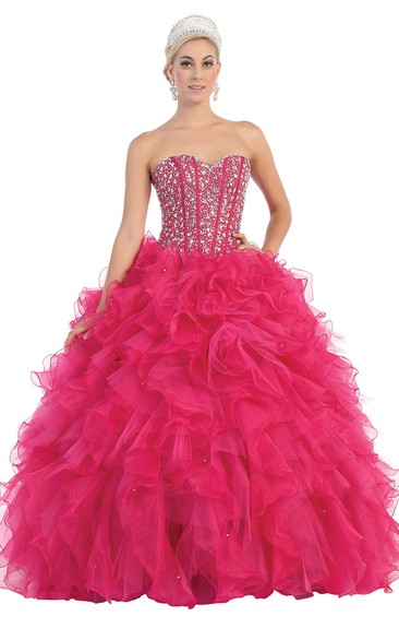 Ball Gown Sweetheart Organza Lace-Up Dress With Beading And Cascading Ruffles