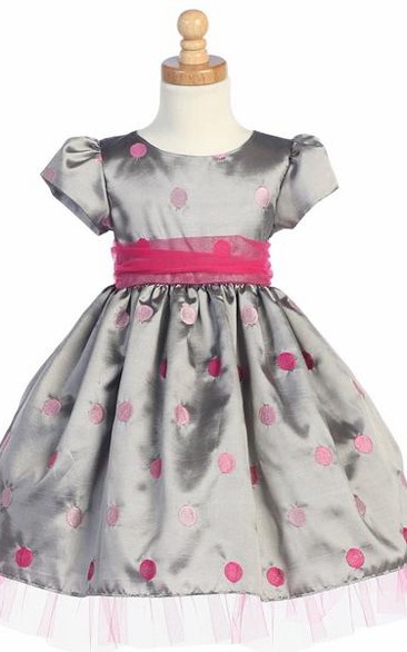 Tea-Length Bowed Cap-Sleeve Tulle&Taffeta Flower Girl Dress