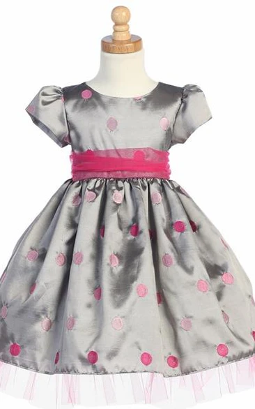 Tea-Length Bowed Cap-Sleeve Tulle&Taffeta Flower Girl Dress
