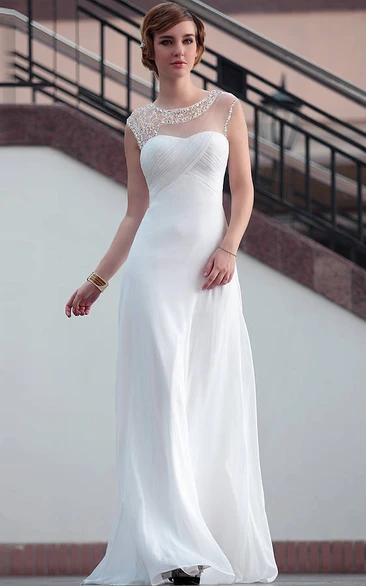 Sheath Floor-Length Criss-Cross Scoop Cap-Sleeve Chiffon Wedding Dress With Keyhole Back And Beading