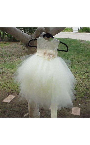 Scoop Neckline Layered Tulle Ball Gown With Waist Flower