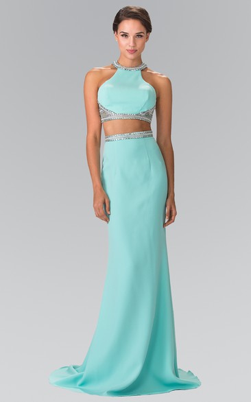 Two-Piece Sheath High Neck Sleeveless Jersey Dress With Beading