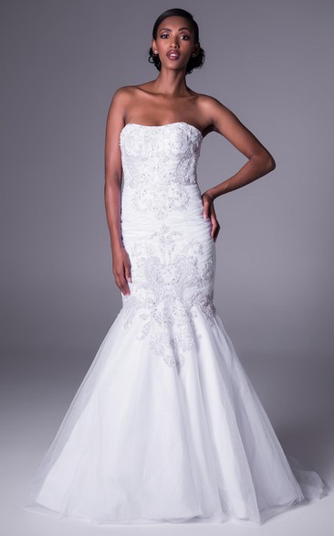 Mermaid Beaded Strapless Floor-Length Sleeveless Tulle&Satin Wedding Dress With Ruching
