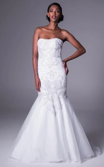 Mermaid Beaded Strapless Floor-Length Sleeveless Tulle&Satin Wedding Dress With Ruching