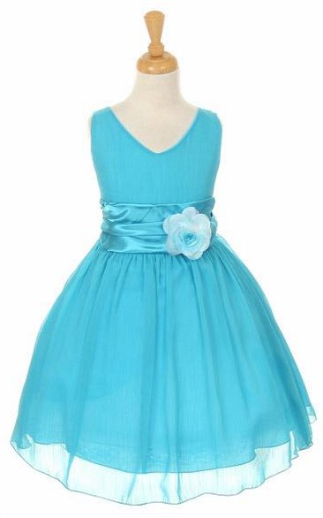Knee-Length V-Neck Tiered Chiffon&Satin Flower Girl Dress