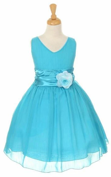 Knee-Length V-Neck Tiered Chiffon&Satin Flower Girl Dress