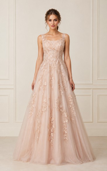 Square Neck Lace Appliqu¨¦ Tulle Ball Gown