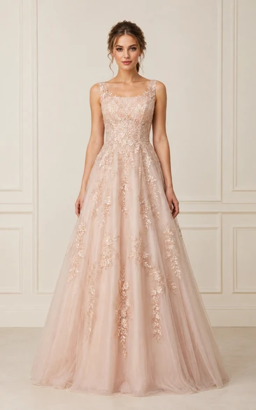 Square Neck Lace Appliqu¨¦ Tulle Ball Gown