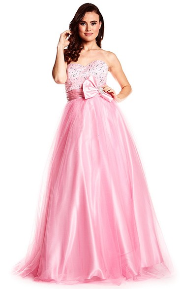 A-Line Sleeveless Sequined Sweetheart Floor-Length Tulle&Satin Prom Dress With Bow