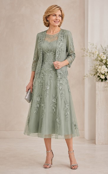 Sage Green Lace Applique Tea-Length Mother of the Bride Dress with Jacket