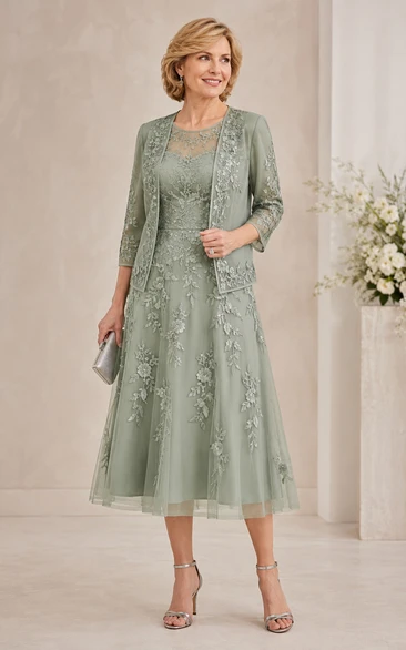 Sage Green Lace Applique Tea-Length Mother of the Bride Dress with Jacket