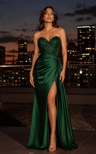 Satin Prom Dress in Dark Green, Strapless, Sweetheart Mermaid Floor-Length Gown with Beading and Drape