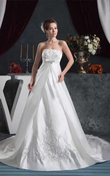 Strapless A-Line Satin Bow and Gown With Embroideries