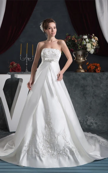 Strapless A-Line Satin Bow and Gown With Embroideries